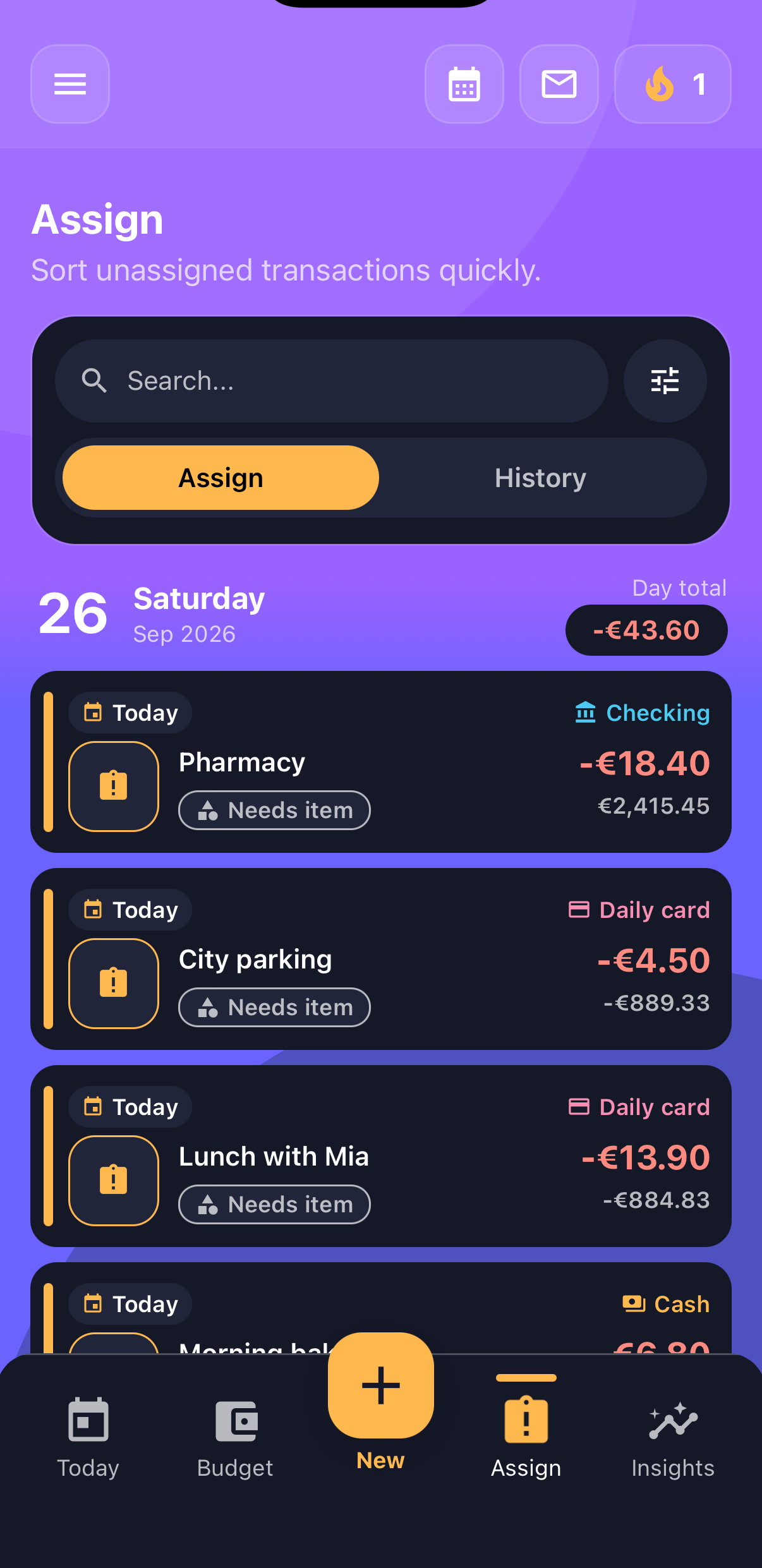 Assign screen with several unassigned transactions ready to organize