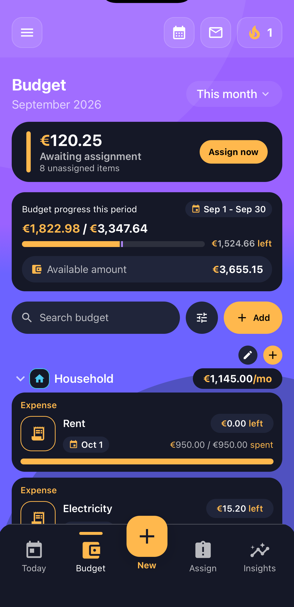 Spendiary Budget screen with monthly progress, unassigned spending, and planned budget items