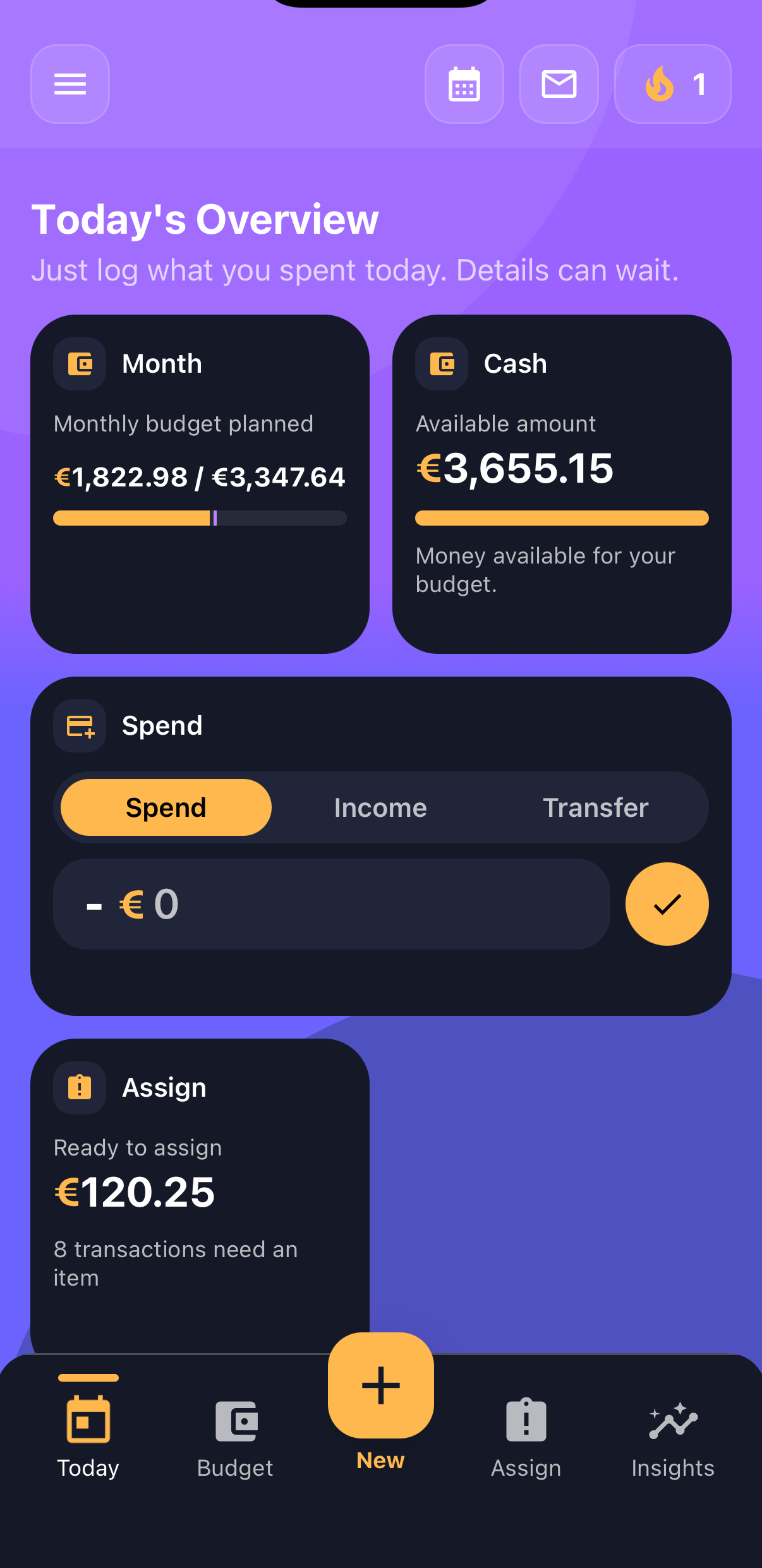 Spendiary Today overview in the default theme