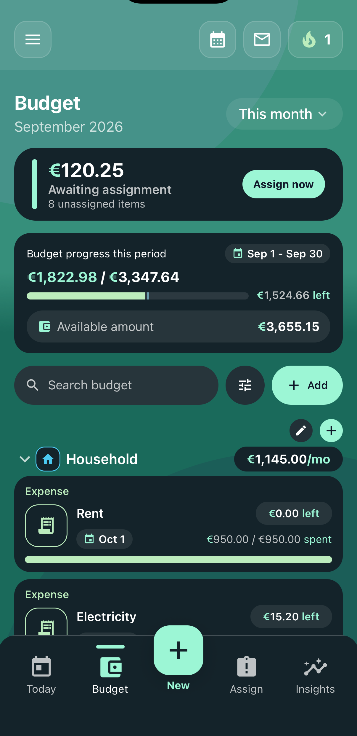 Mint Glass Spendiary theme with a customized budget icon style